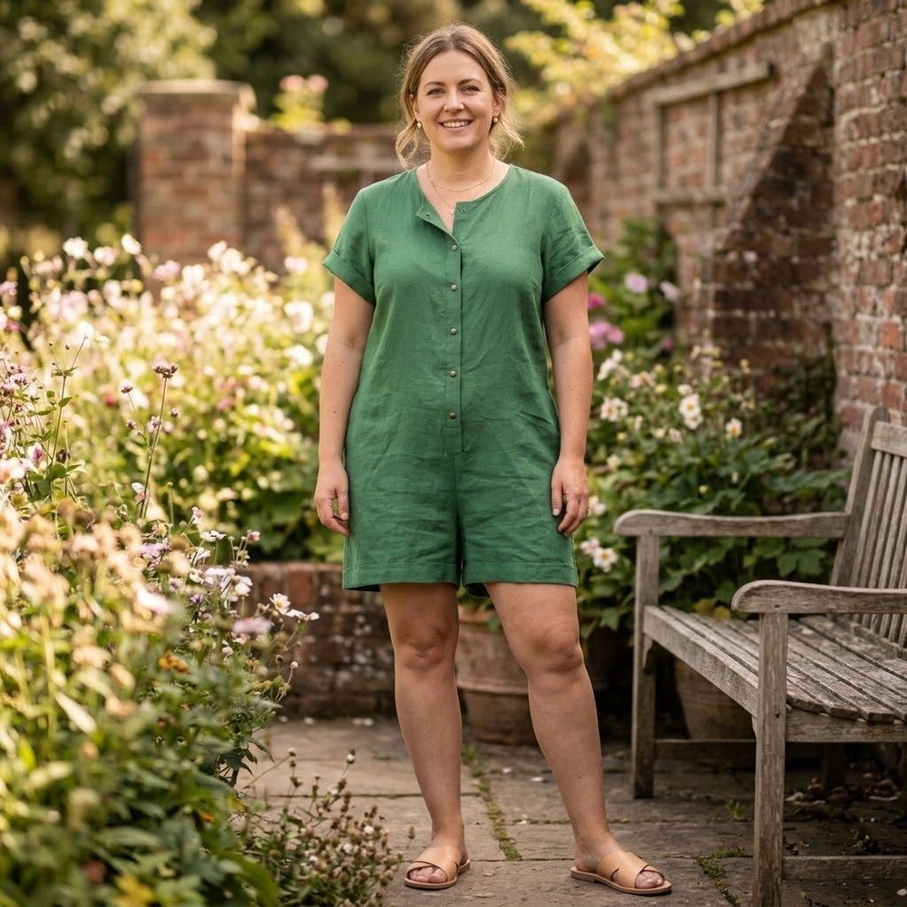 MagicLinen Green Linen Romper Short Sleeve Button Front One Piece Size L